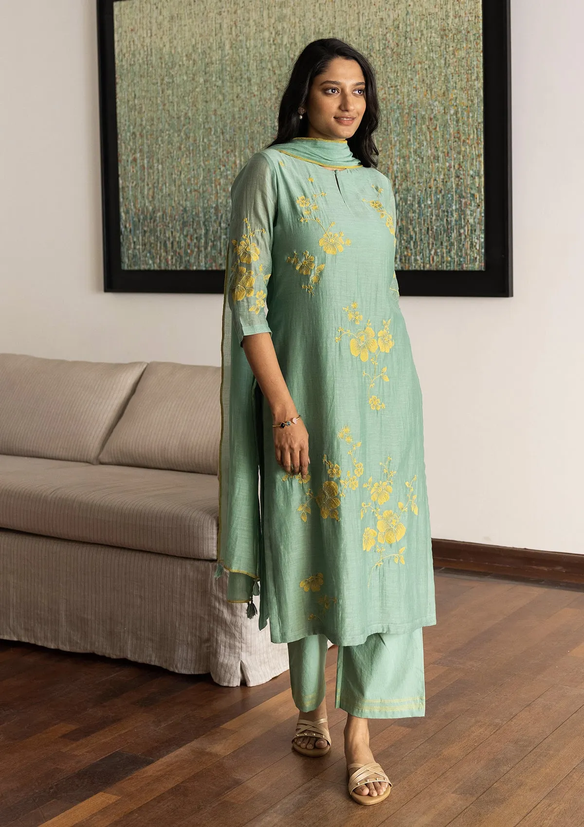 Mint Floral Applique Kurta Set