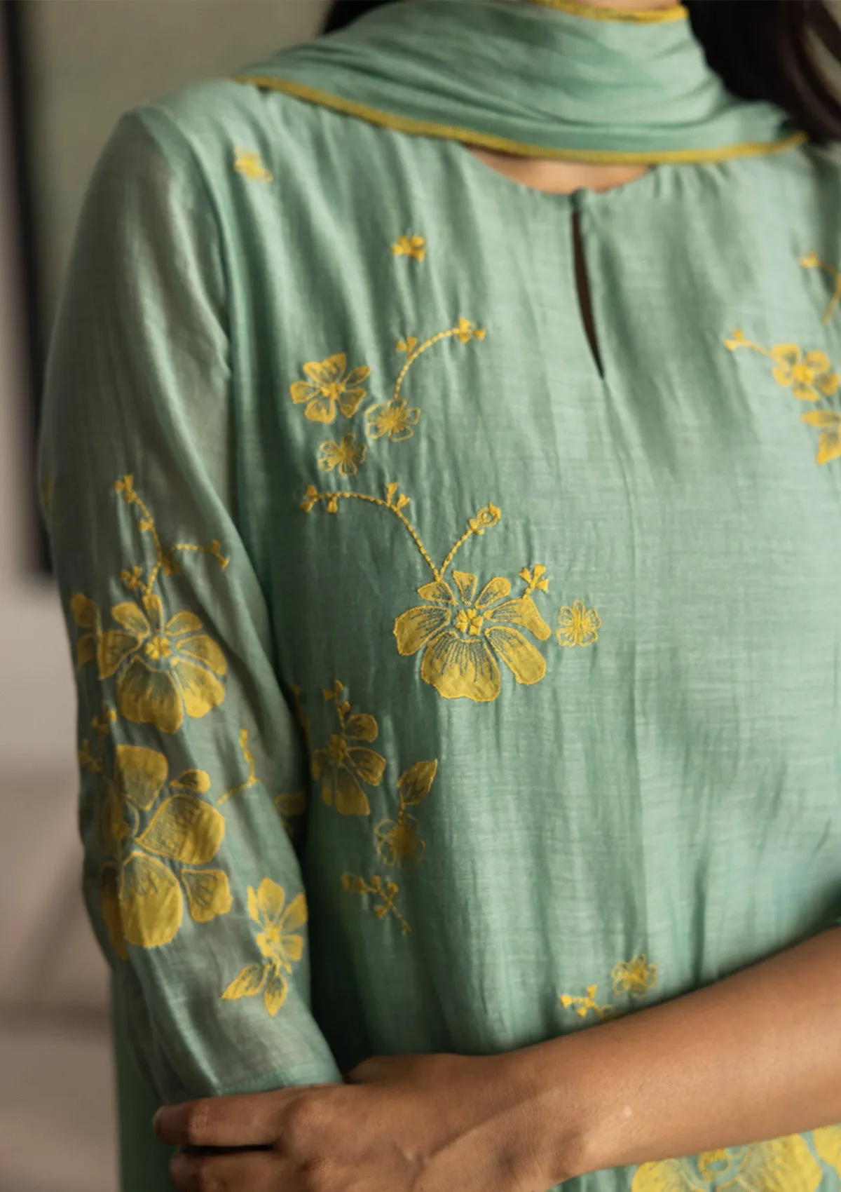 Mint Floral Applique Kurta Set