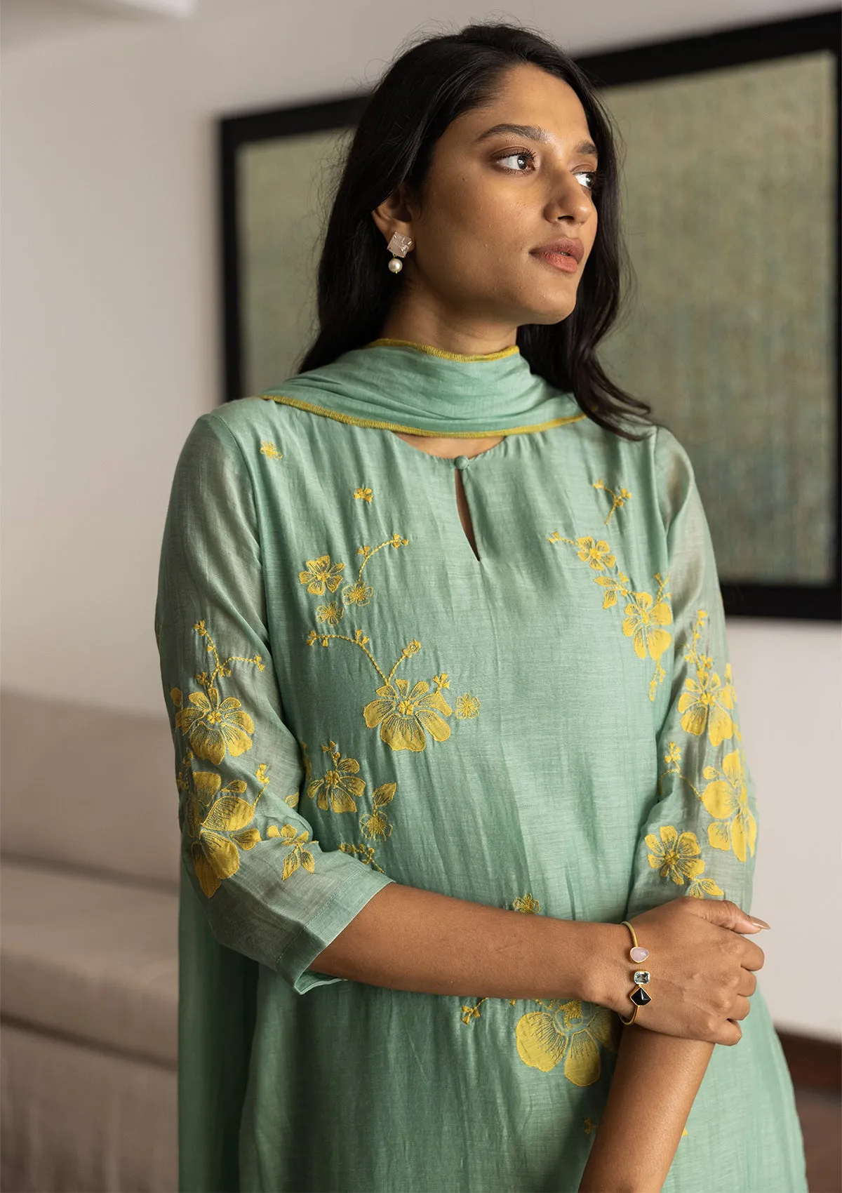 Mint Floral Applique Kurta Set