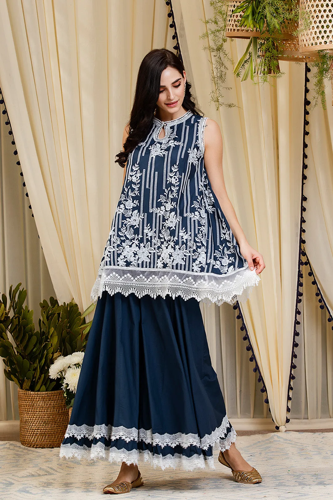 Mulmul Blossom Navy Kurta