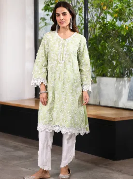 Mulmul Cotton BayBreeze Green Kurta With Rounded Hem Pyajama White