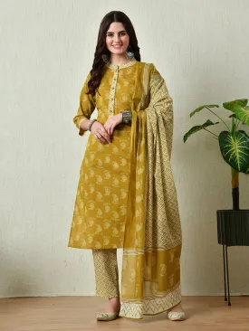 Mustard Straight Kurta Pant With Dupatta Set