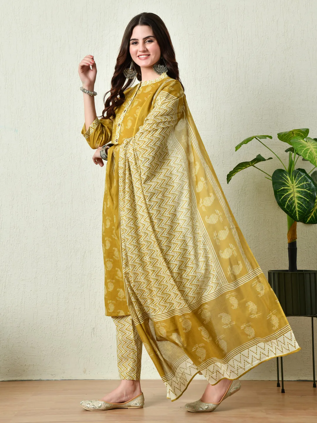 Mustard Straight Kurta Pant With Dupatta Set