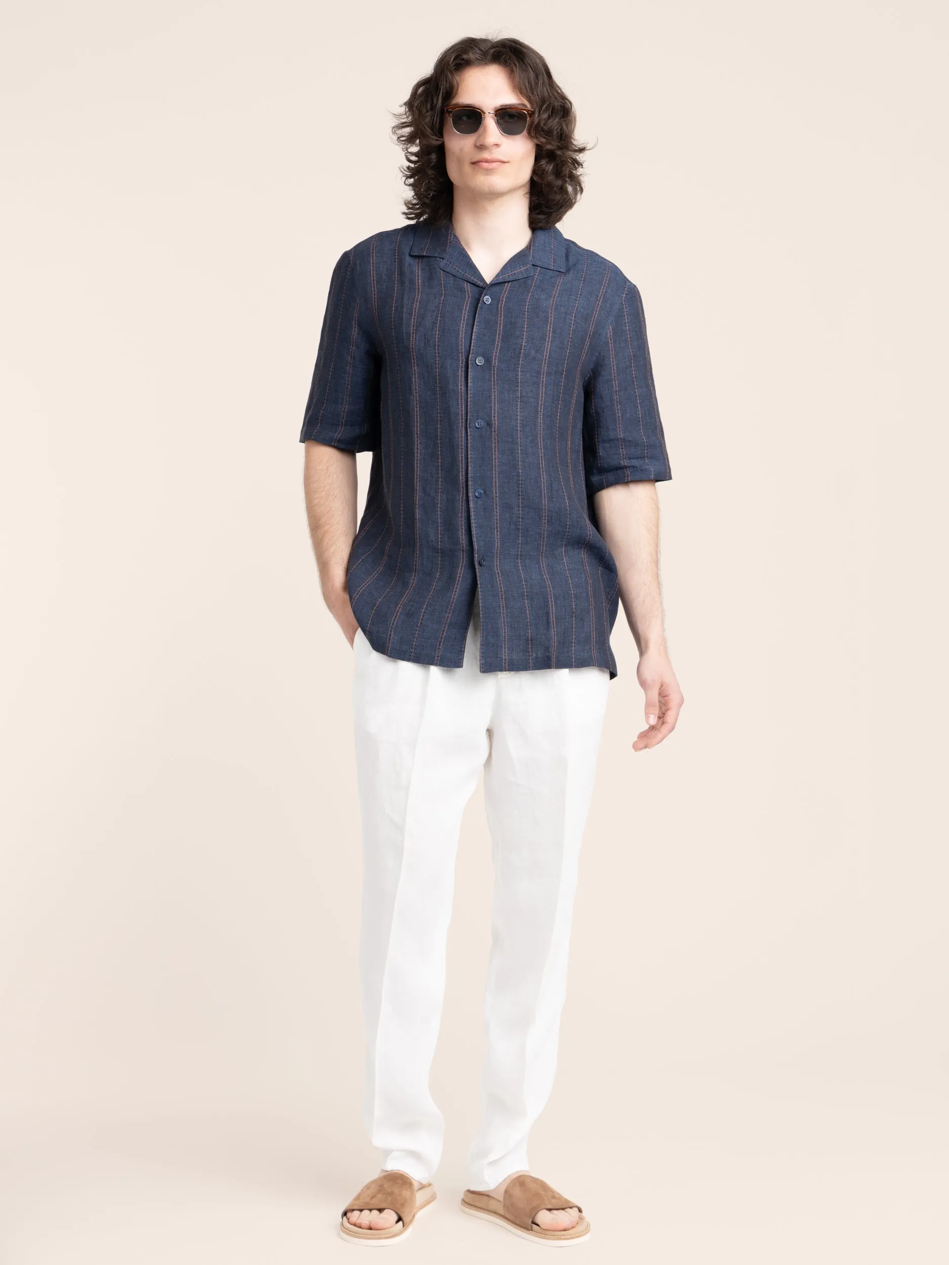 Navy Embroidered Striped Linen Shirt