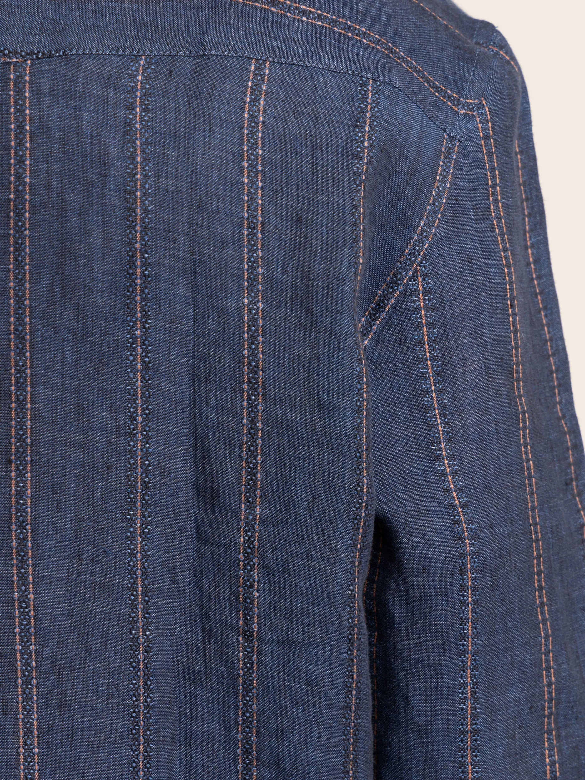 Navy Embroidered Striped Linen Shirt