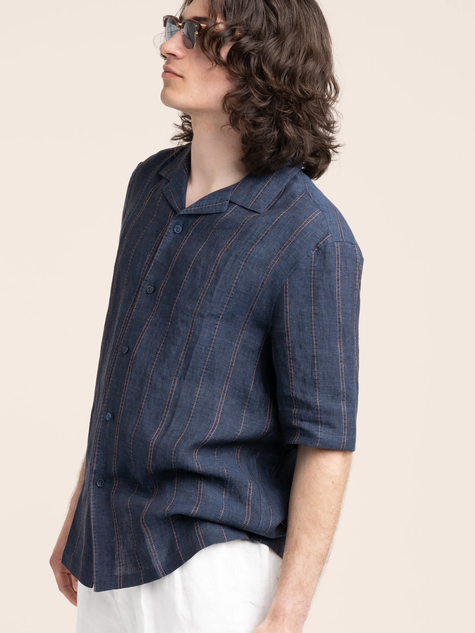 Navy Embroidered Striped Linen Shirt