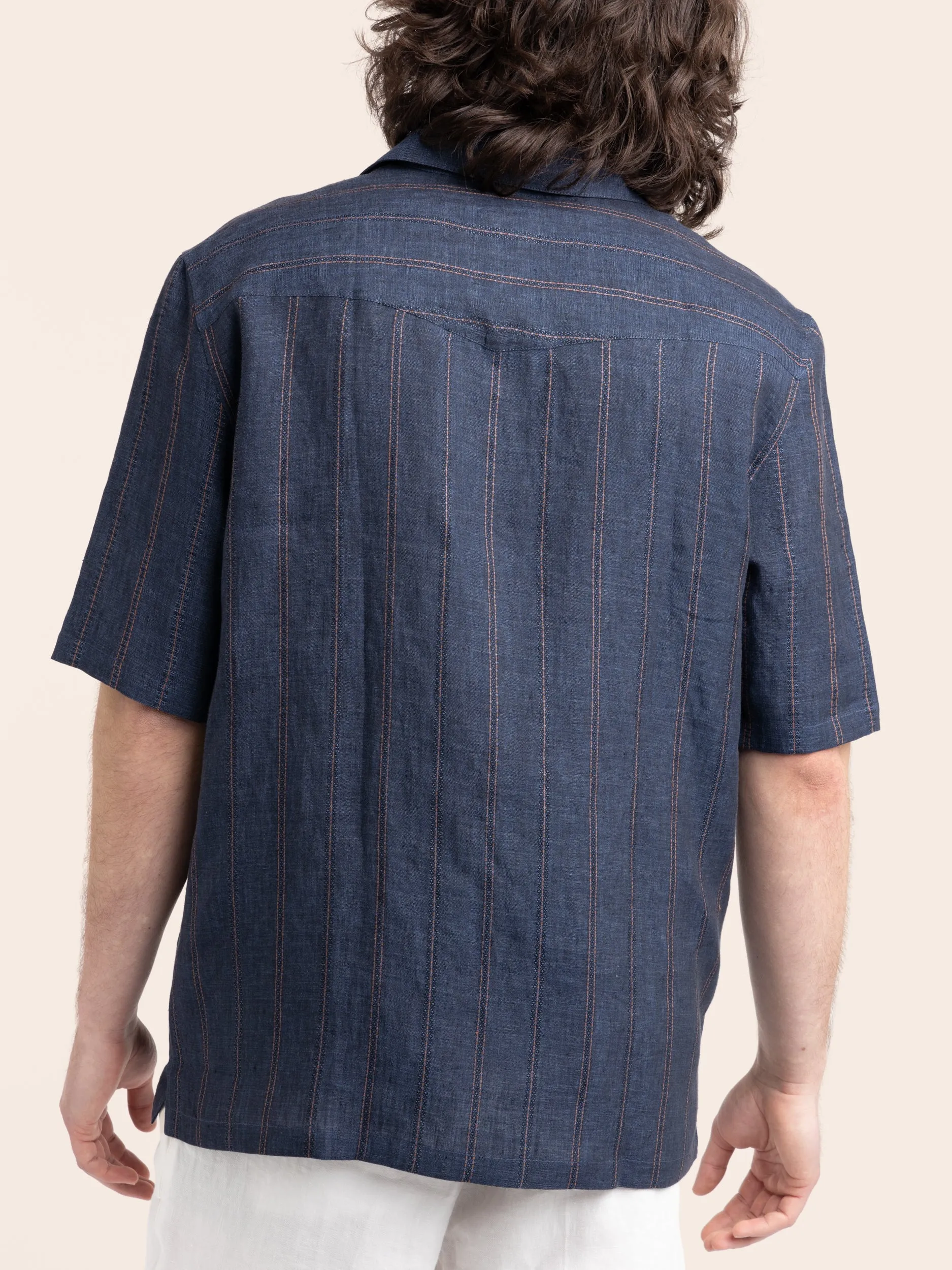 Navy Embroidered Striped Linen Shirt