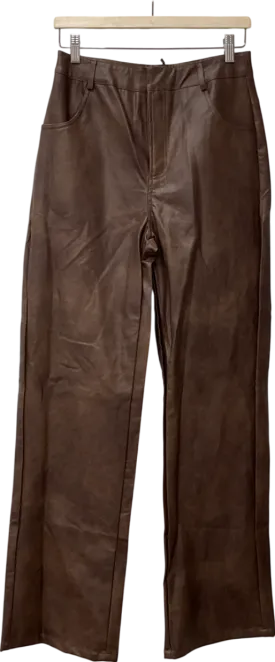 PrettyLittleThing Brown Chocolate Washed Faux Leather Straight Leg Trousers UK 10