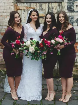 Sheath Off Shoulder Knee Length Burgundy Spandex Bridesmaid Dress (BMA2024)