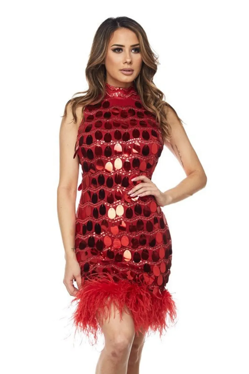 Sleeveless high neck dress with feather bottom - Rosegold