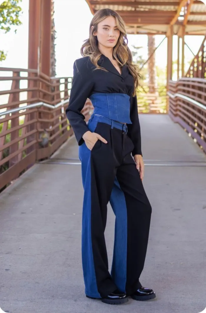 Suiting Contrast Denim Straight Leg Trousers