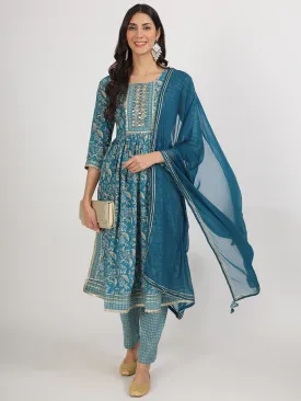Teal Blue Floral Print Cotton Kurta Pants With Dupatta Set For Women