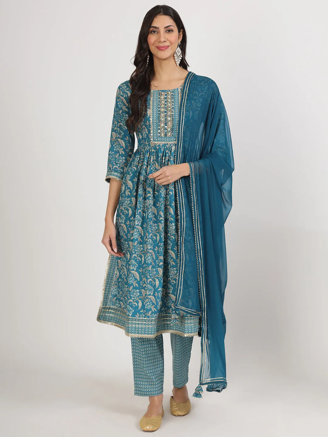 Teal Blue Floral Print Cotton Kurta Pants With Dupatta Set For Women
