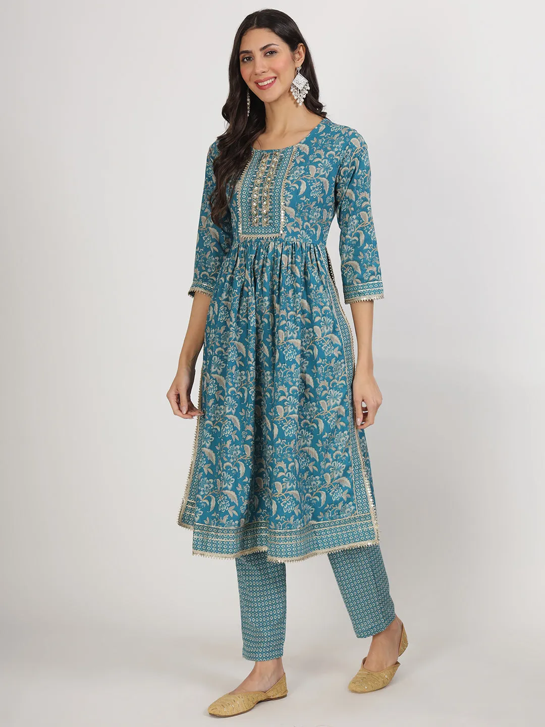 Teal Blue Floral Print Cotton Kurta Pants With Dupatta Set For Women