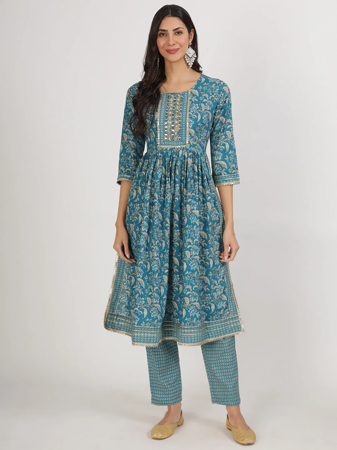 Teal Blue Floral Print Cotton Kurta Pants With Dupatta Set For Women
