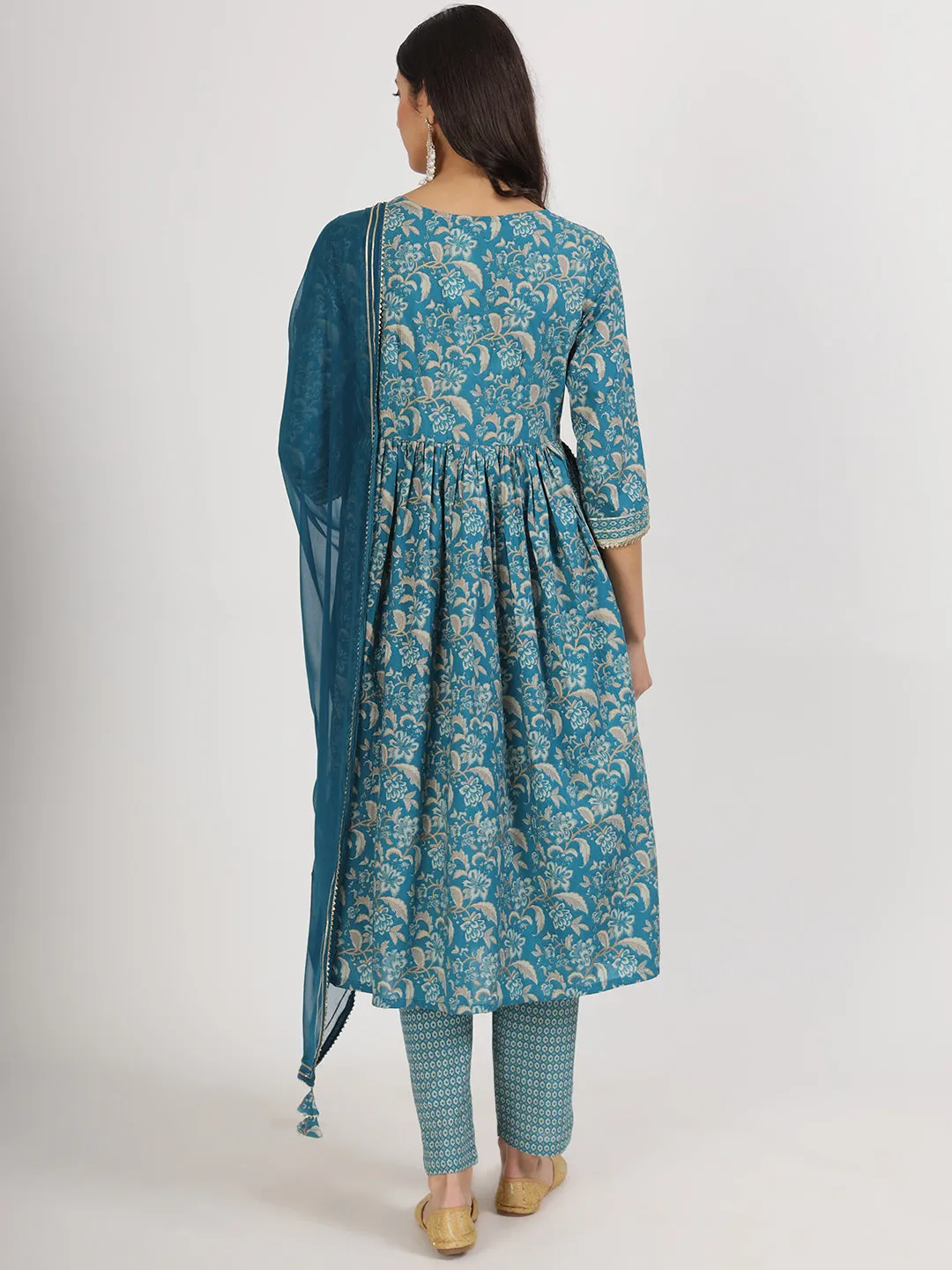 Teal Blue Floral Print Cotton Kurta Pants With Dupatta Set For Women