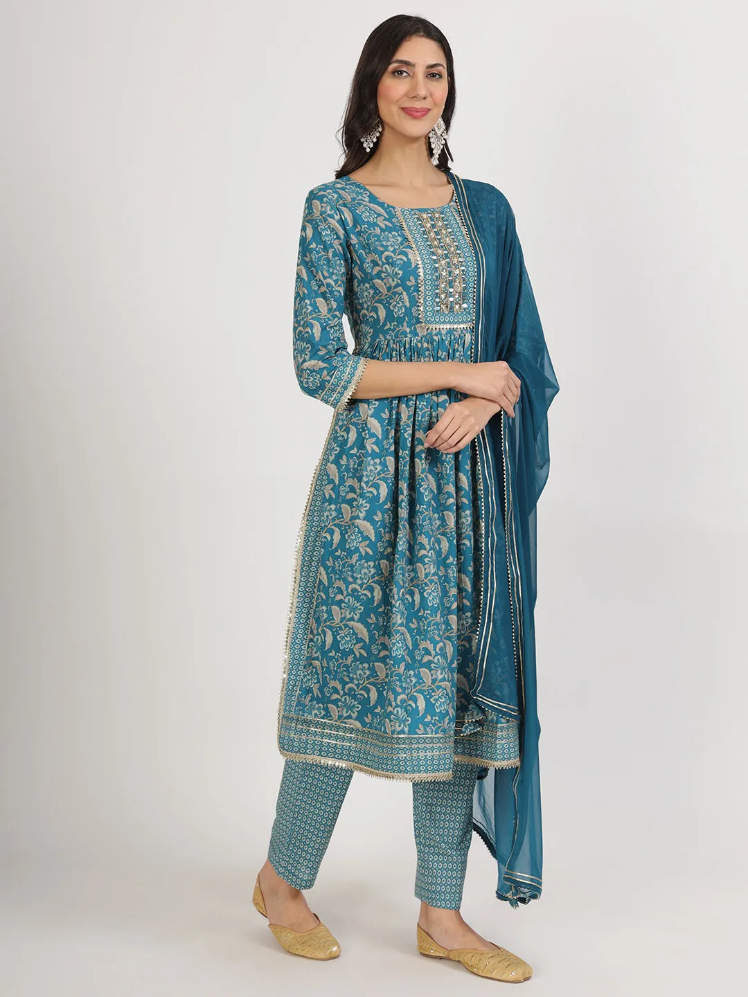 Teal Blue Floral Print Cotton Kurta Pants With Dupatta Set For Women