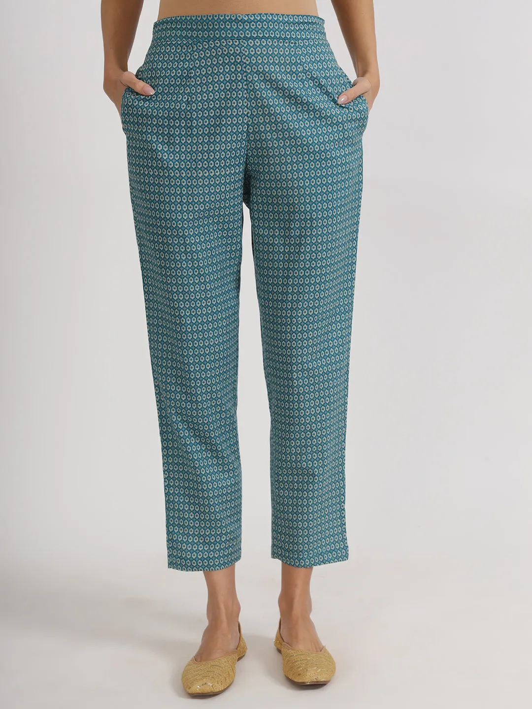 Teal Blue Floral Print Cotton Kurta Pants With Dupatta Set For Women