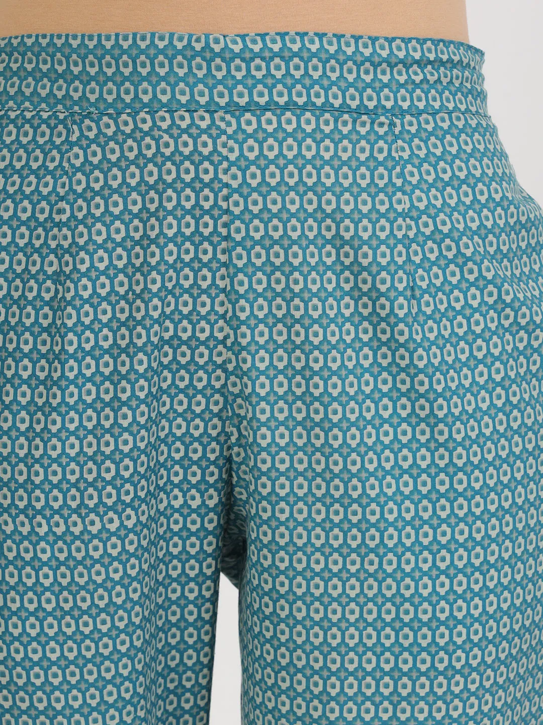 Teal Blue Floral Print Cotton Kurta Pants With Dupatta Set For Women