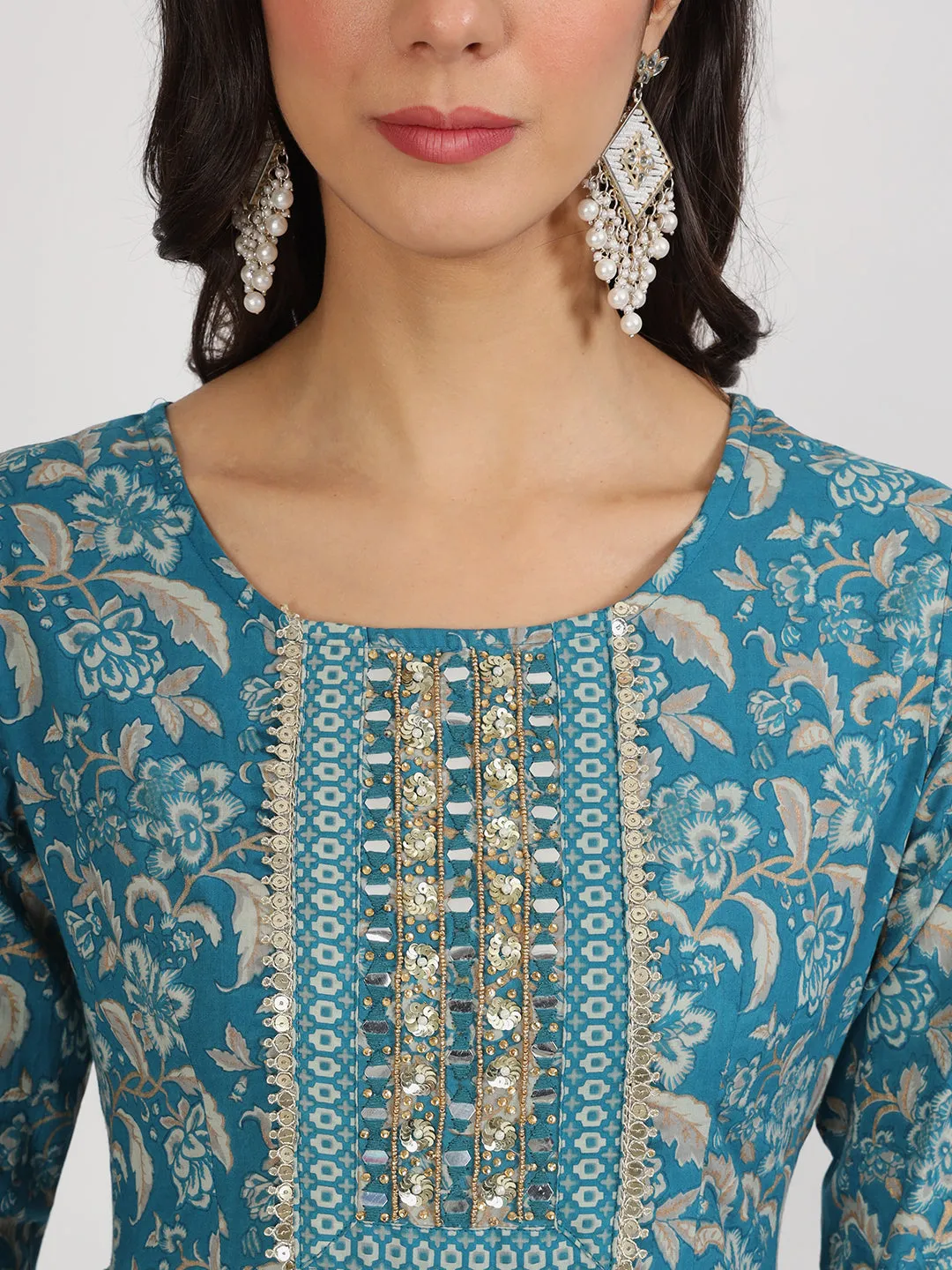 Teal Blue Floral Print Cotton Kurta Pants With Dupatta Set For Women