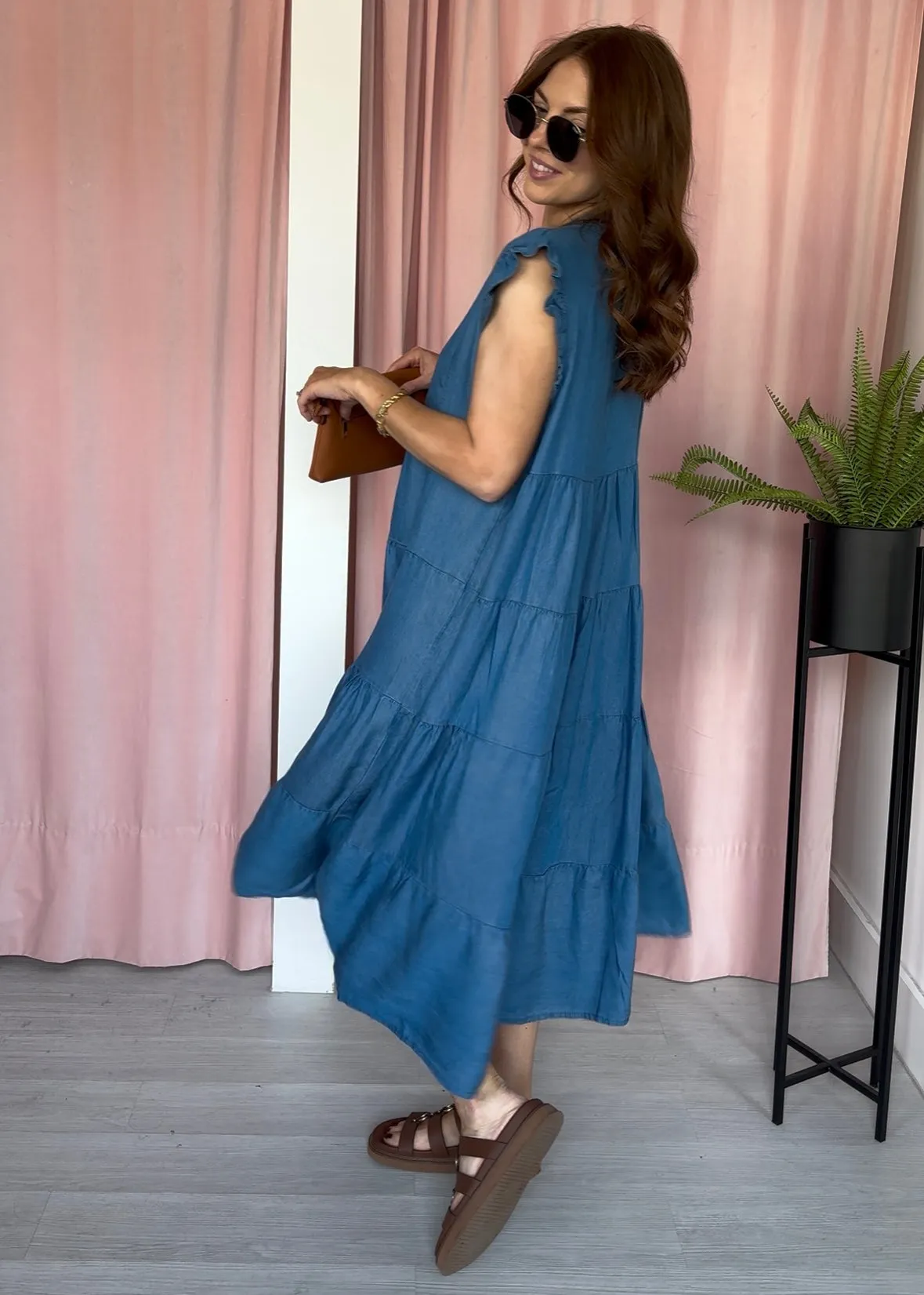 Tiered Knee Length Chambray Dress