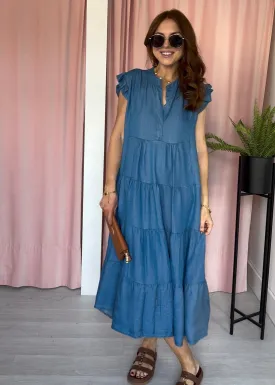Tiered Knee Length Chambray Dress