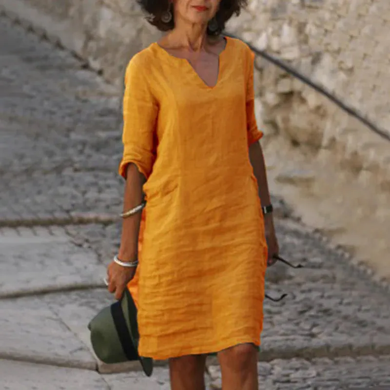 V-Neck Linen & Cotton Summer Dress