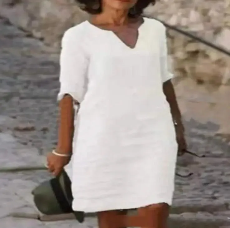 V-Neck Linen & Cotton Summer Dress