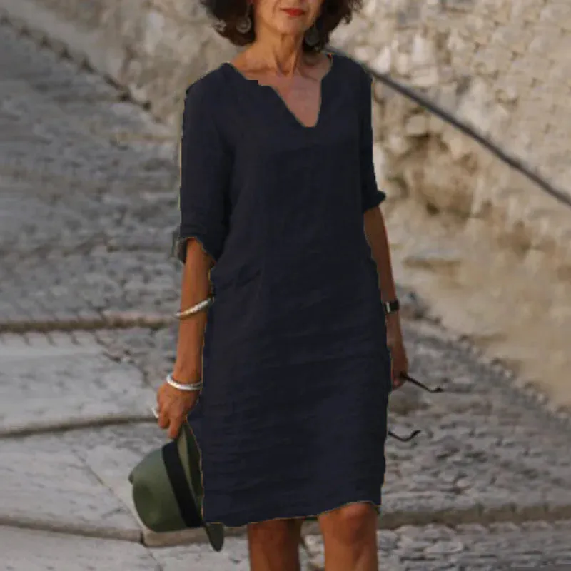 V-Neck Linen & Cotton Summer Dress