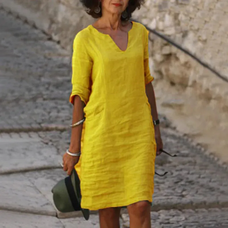 V-Neck Linen & Cotton Summer Dress
