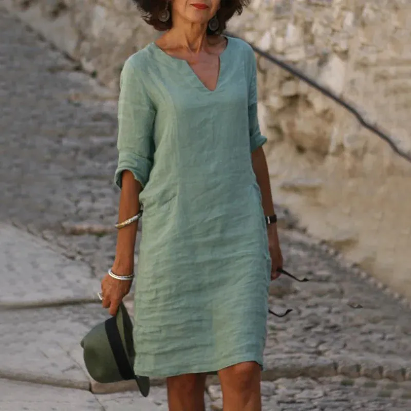 V-Neck Linen & Cotton Summer Dress