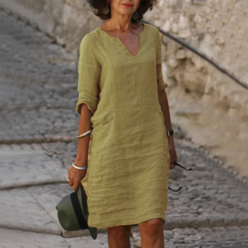 V-Neck Linen & Cotton Summer Dress