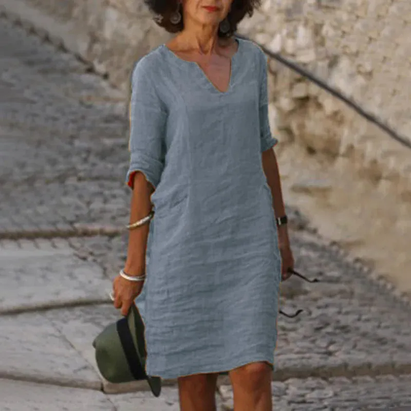 V-Neck Linen & Cotton Summer Dress