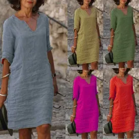 V-Neck Linen & Cotton Summer Dress