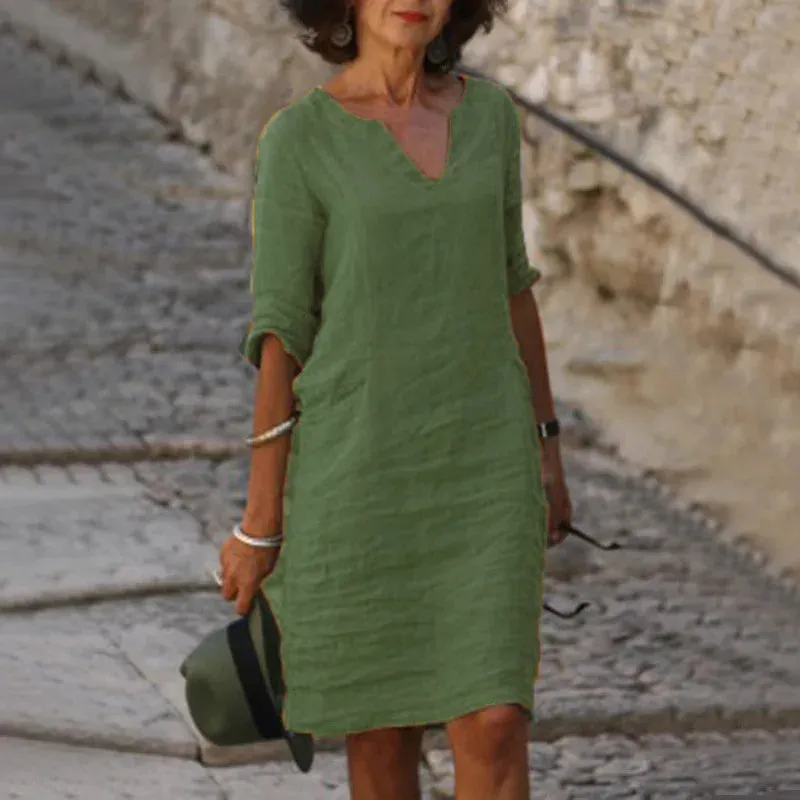V-Neck Linen & Cotton Summer Dress