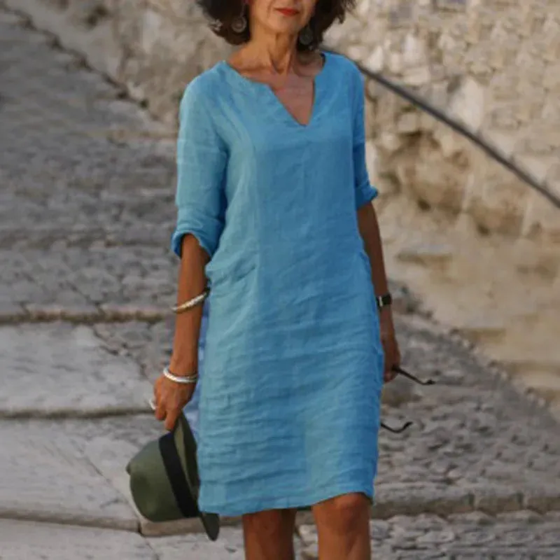 V-Neck Linen & Cotton Summer Dress