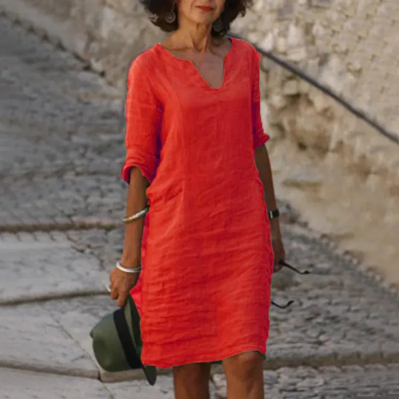 V-Neck Linen & Cotton Summer Dress