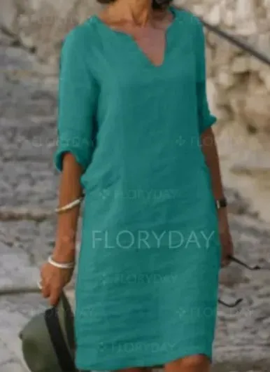 V-Neck Linen & Cotton Summer Dress