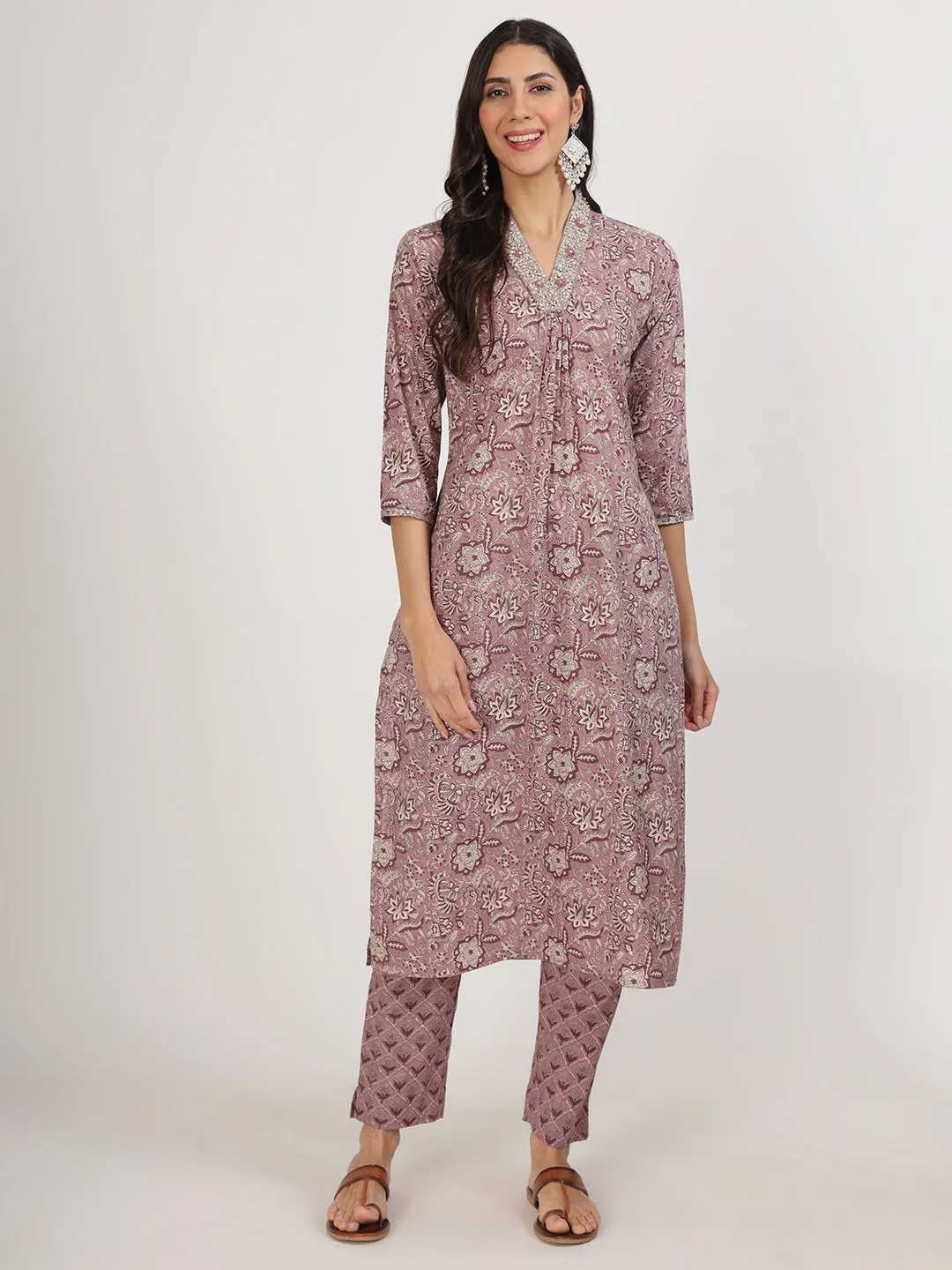 Women Purple Floral Printed Cotton Kurta Sets
