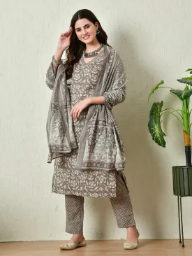 Womens Grey Printed Straight Kurta Pant With Dupatta Set