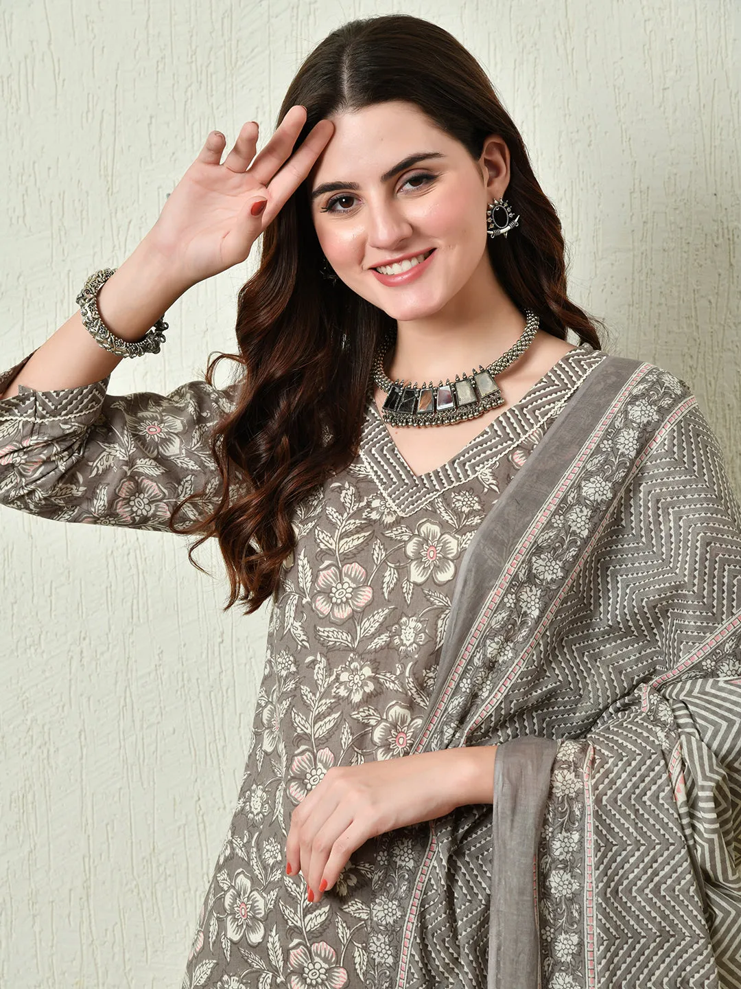 Womens Grey Printed Straight Kurta Pant With Dupatta Set